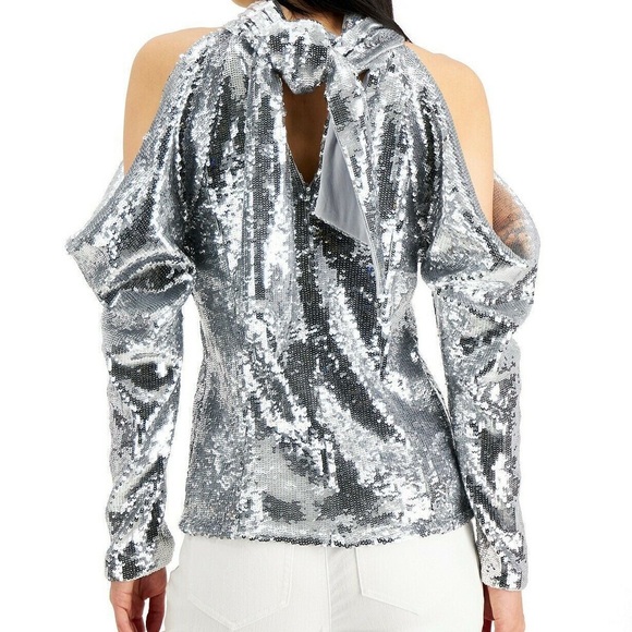 INC International Concepts Sequin Cold Shoulder Tie Back Top - Picture 2 of 8